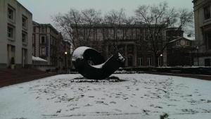 Snow lends character to even the Ugly Squiggly (Modern Art) Installation in front of Uris