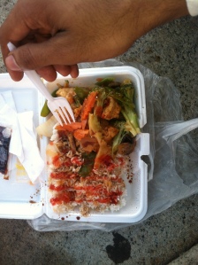 Chinese Takeout! A total life-(and money-)saver. Pic of bean-curd with veggies and rice